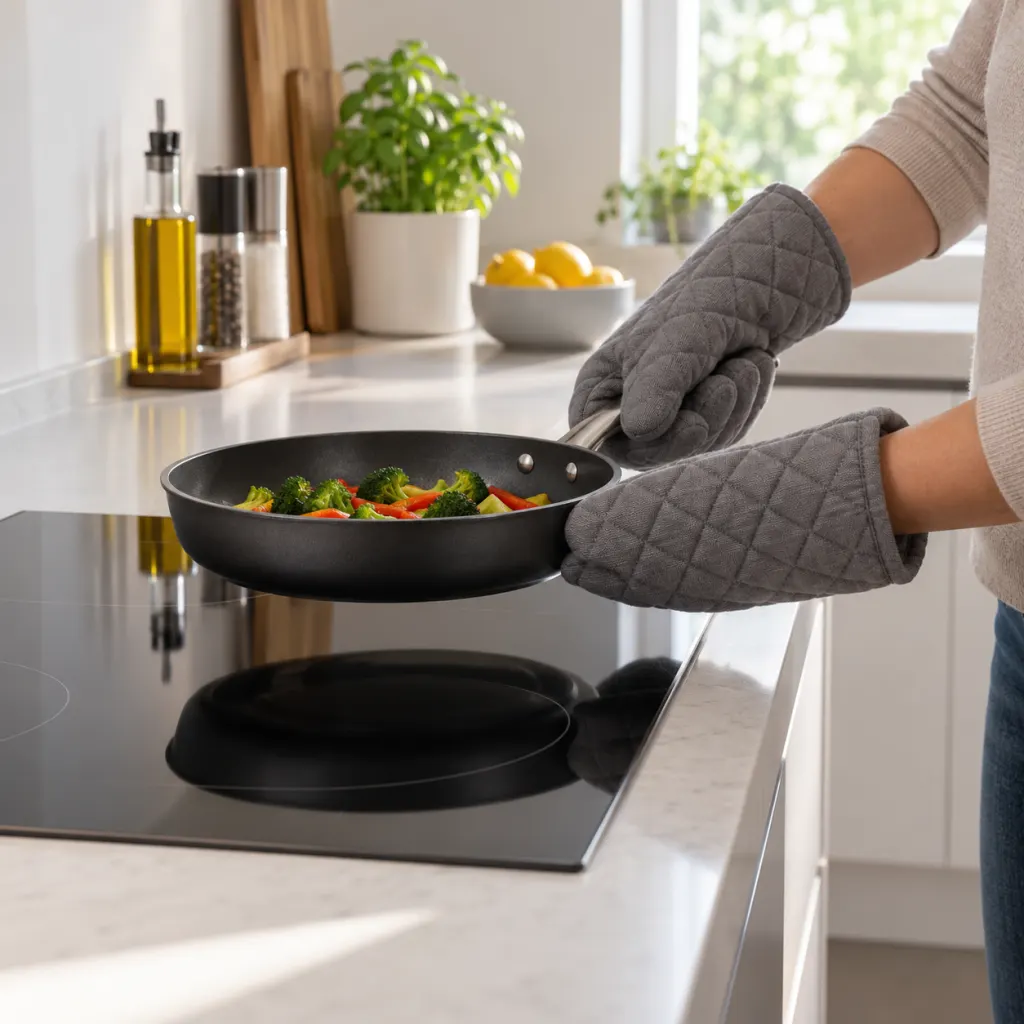 Careful hands lift a pan above a clean glass stovetop in a tidy kitchen.
