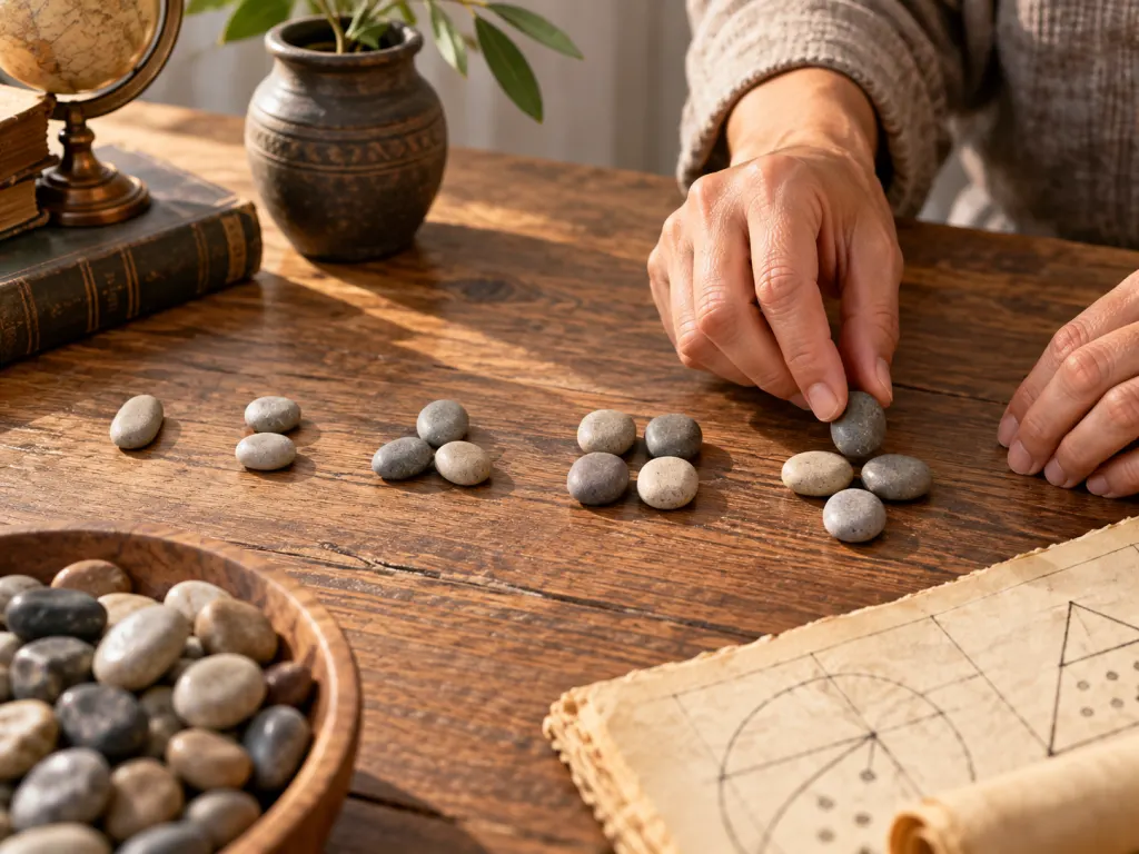 Hands arrange small pebbles into simple geometric number patterns on a wooden table.