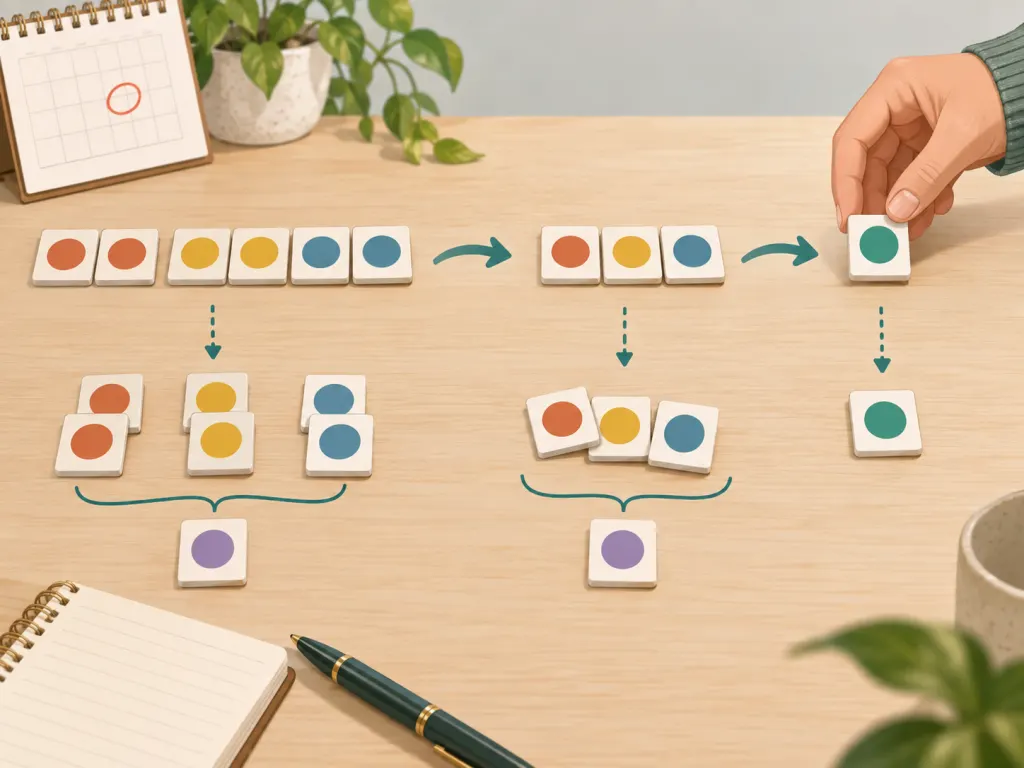 Abstract number tiles are grouped to suggest the steps of a birth-date numerology calculation.