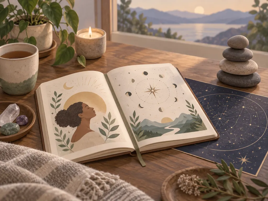 An open journal, star map pattern, and balanced stones suggest reflective symbolic practices.