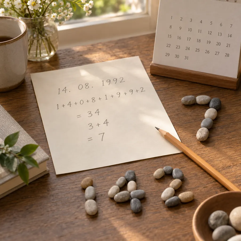 A calm desk scene with a calendar, pencil, paper, and number-like stone arrangements for birth-date numerology.