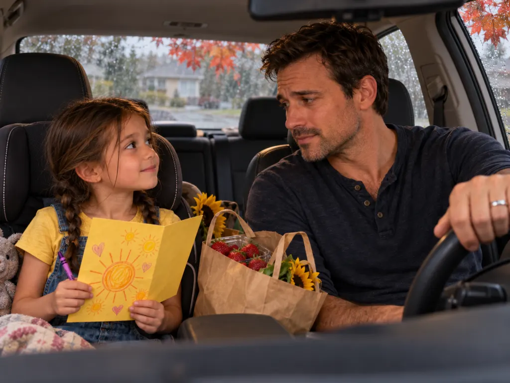 A father turns toward his daughter in a parked car after her unexpected question.