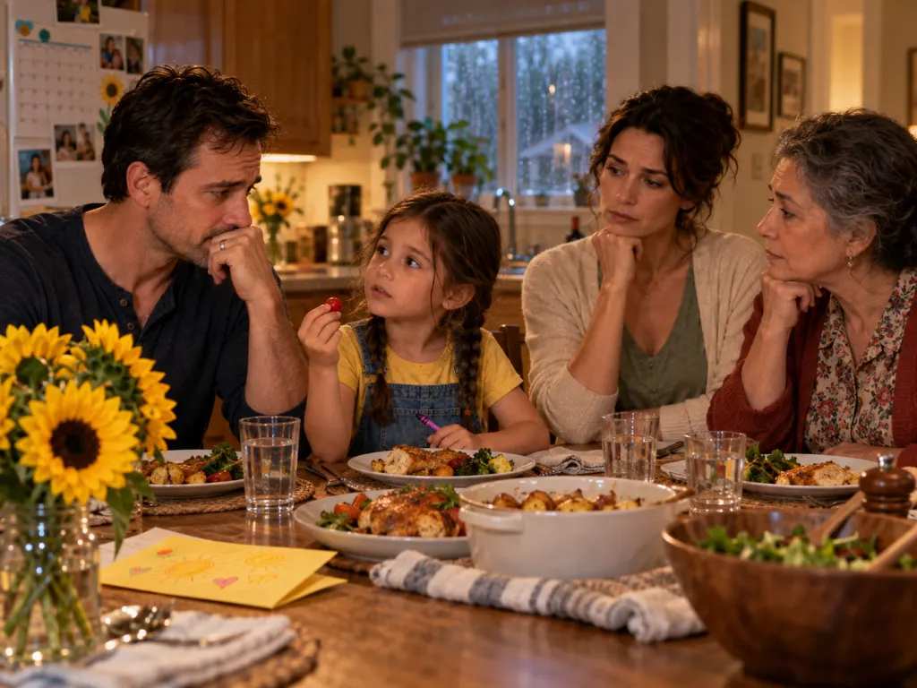 A Father's Day dinner pauses as a child asks who gets the sunflowers if there are two houses.