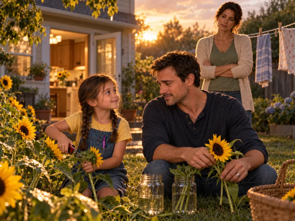 A daughter cuts sunflowers while her parents share a quiet hopeful moment in the backyard.