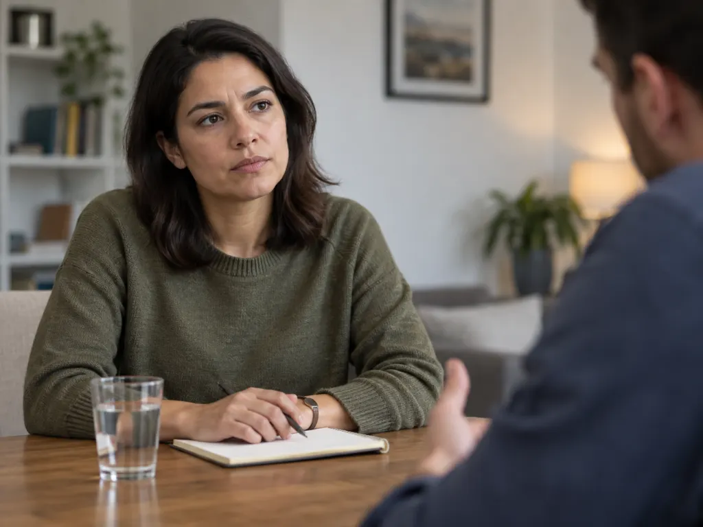 A person pauses thoughtfully with a notebook and water glass before answering.
