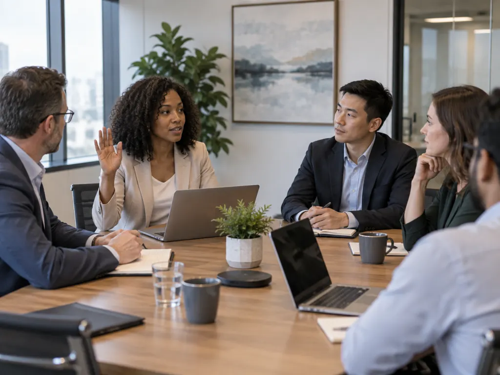 A workplace meeting where one person calmly asks to speak while others listen.