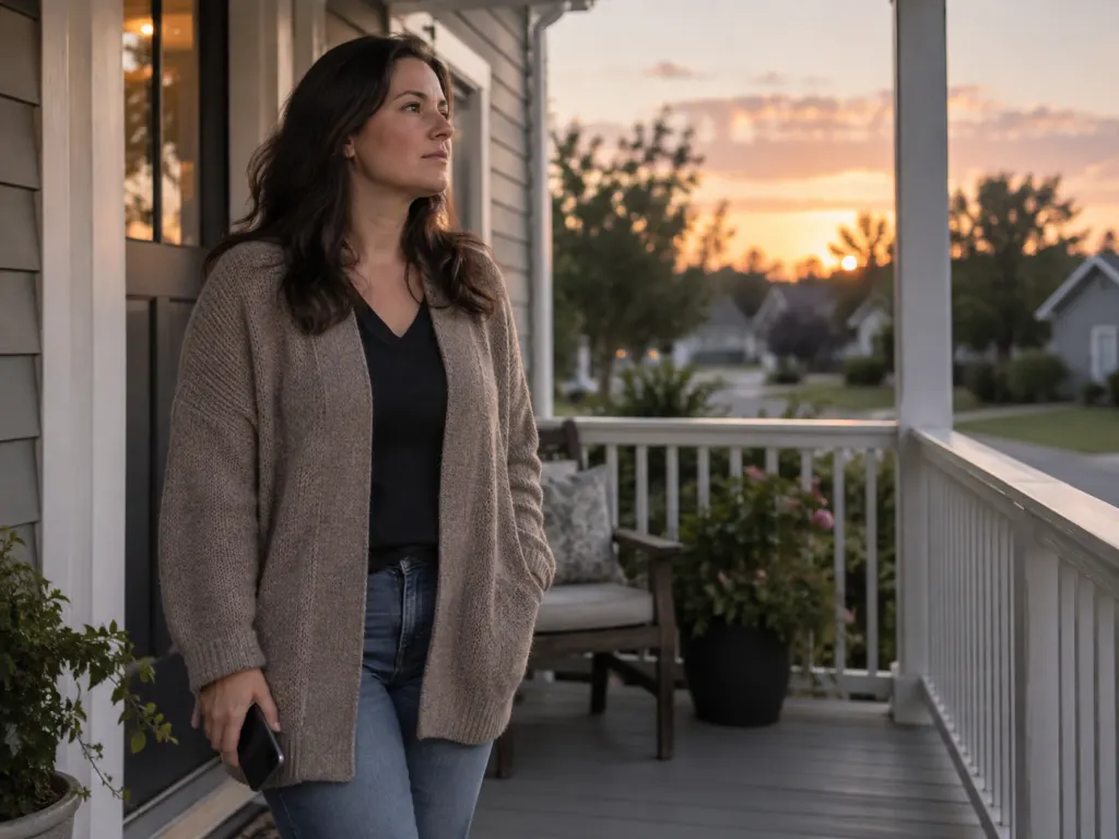 A person stands quietly on a porch after stepping away from a difficult conversation.