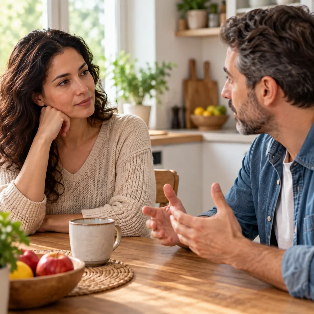 Two adults having a calm but serious conversation at a kitchen table.
