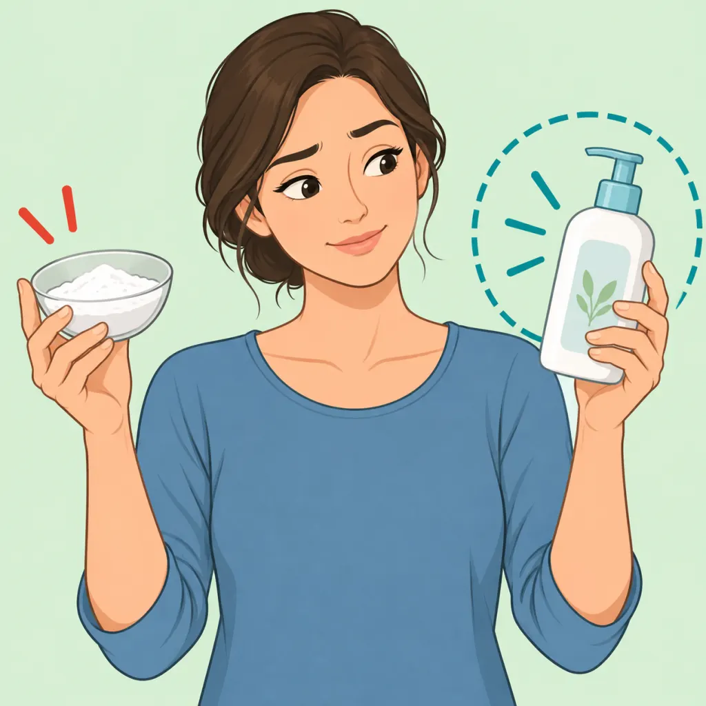 Person comparing baking soda with a gentle facial cleanser before deciding what to use.