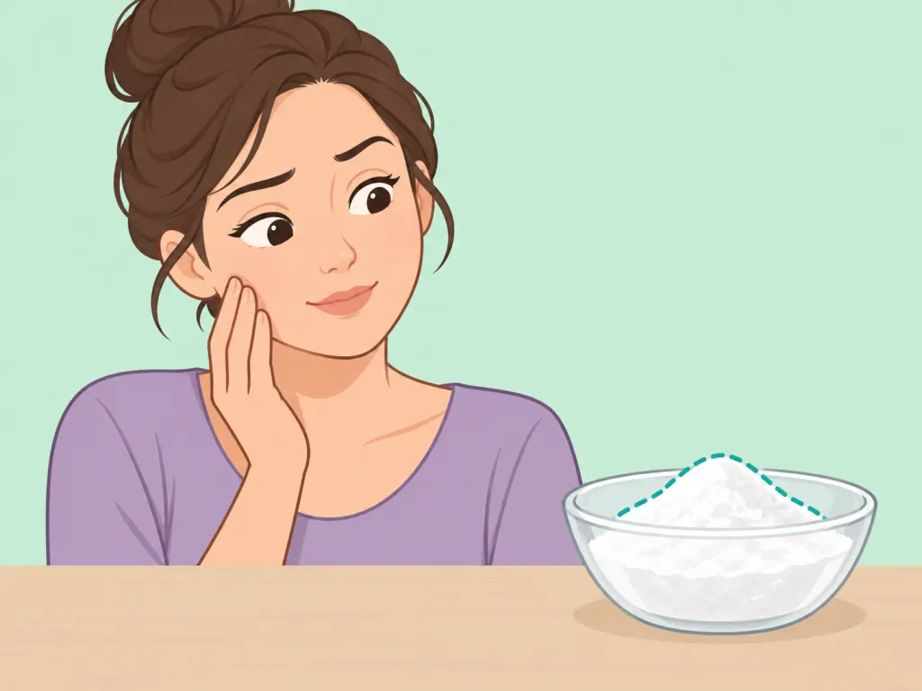 Person considering the limited skin-care benefits of baking soda.