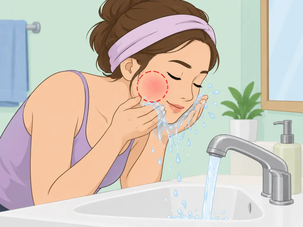 Person stopping use and rinsing after facial redness appears.