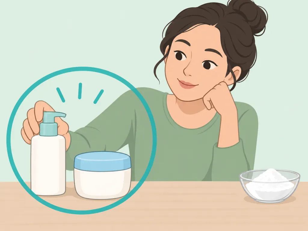 Person choosing gentle cleanser and moisturizer instead of baking soda.