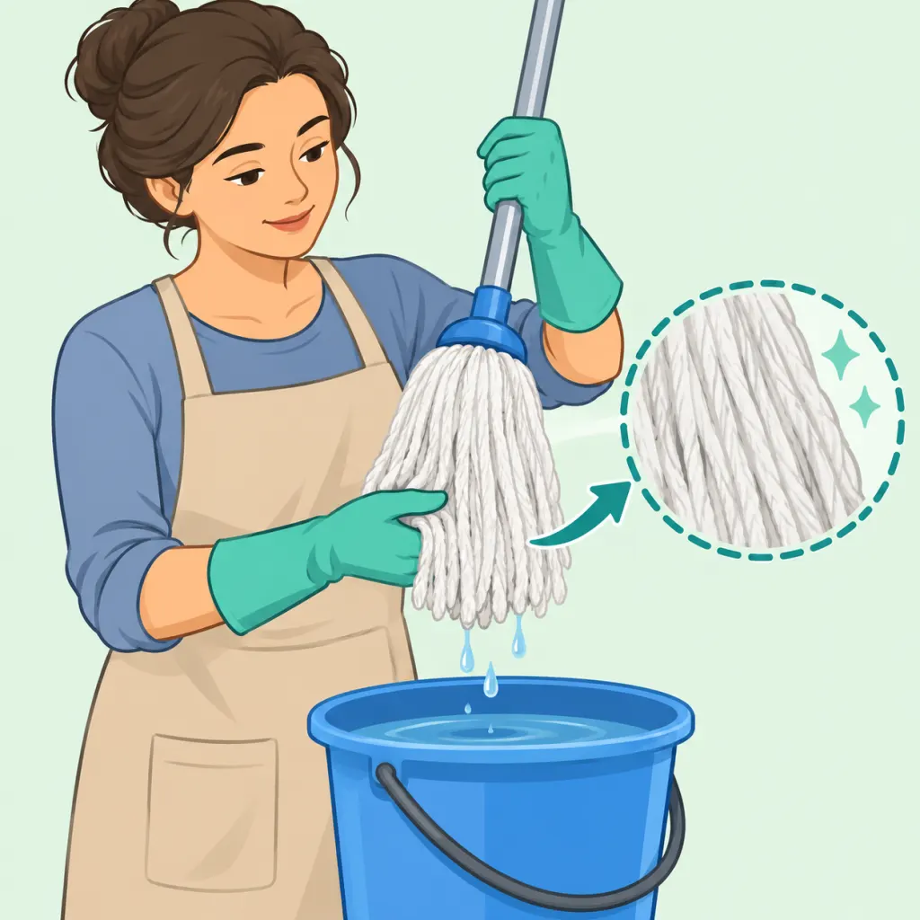 Person in gloves holding a cleaned mop head over a bucket.