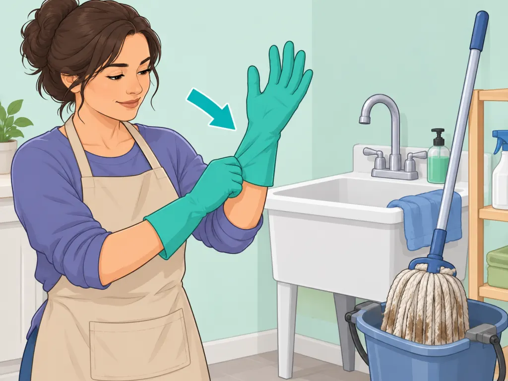 Person putting on gloves before cleaning a dirty mop.