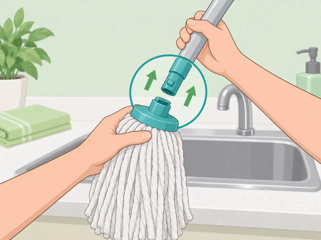 Hands removing a detachable mop head from its handle.