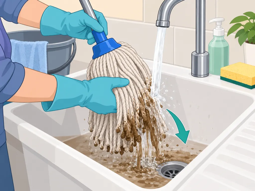Gloved hands rinsing loose dirt from a mop head.