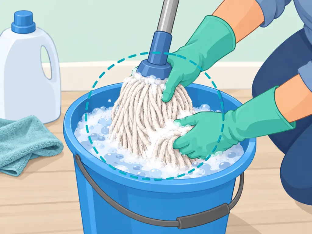 Mop head being washed with detergent in a bucket.
