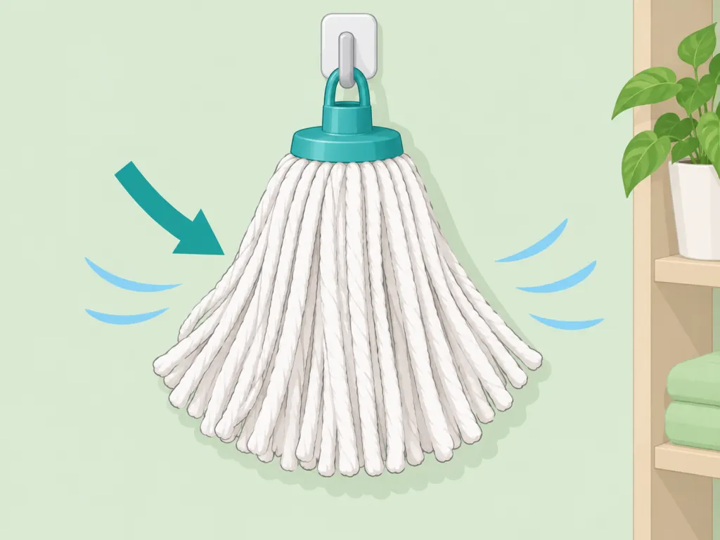 Clean mop head hanging up to dry completely.