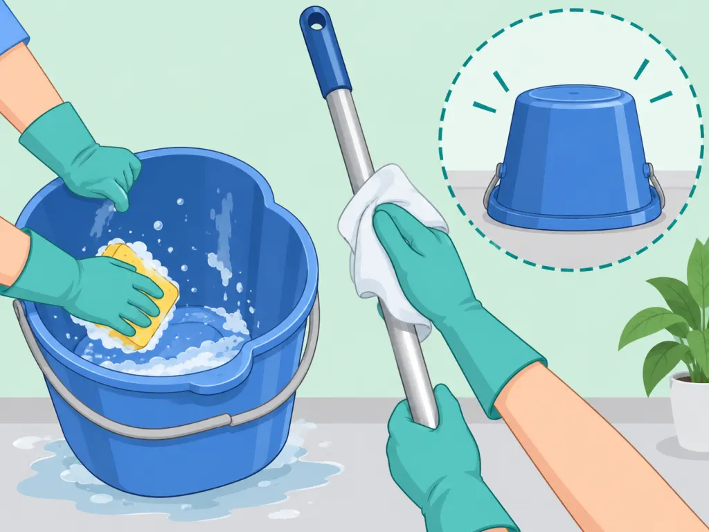 Person cleaning the mop bucket and handle after washing the mop.