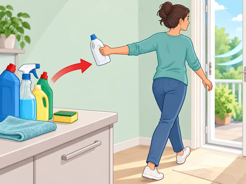 Person moving away from cleaning products to get fresh air.