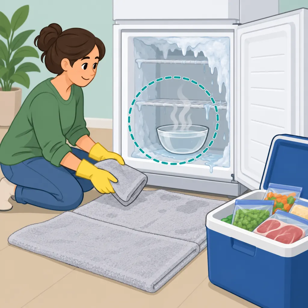 Illustration of a person defrosting an icy freezer with hot water and towels while frozen items sit in a cooler.