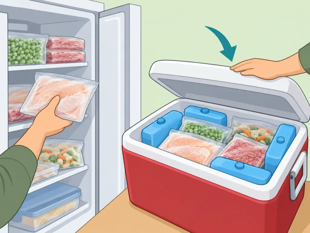 Frozen items being packed into a cooler before defrosting a freezer.