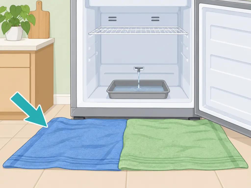 Towels and a tray placed around a freezer to catch meltwater.