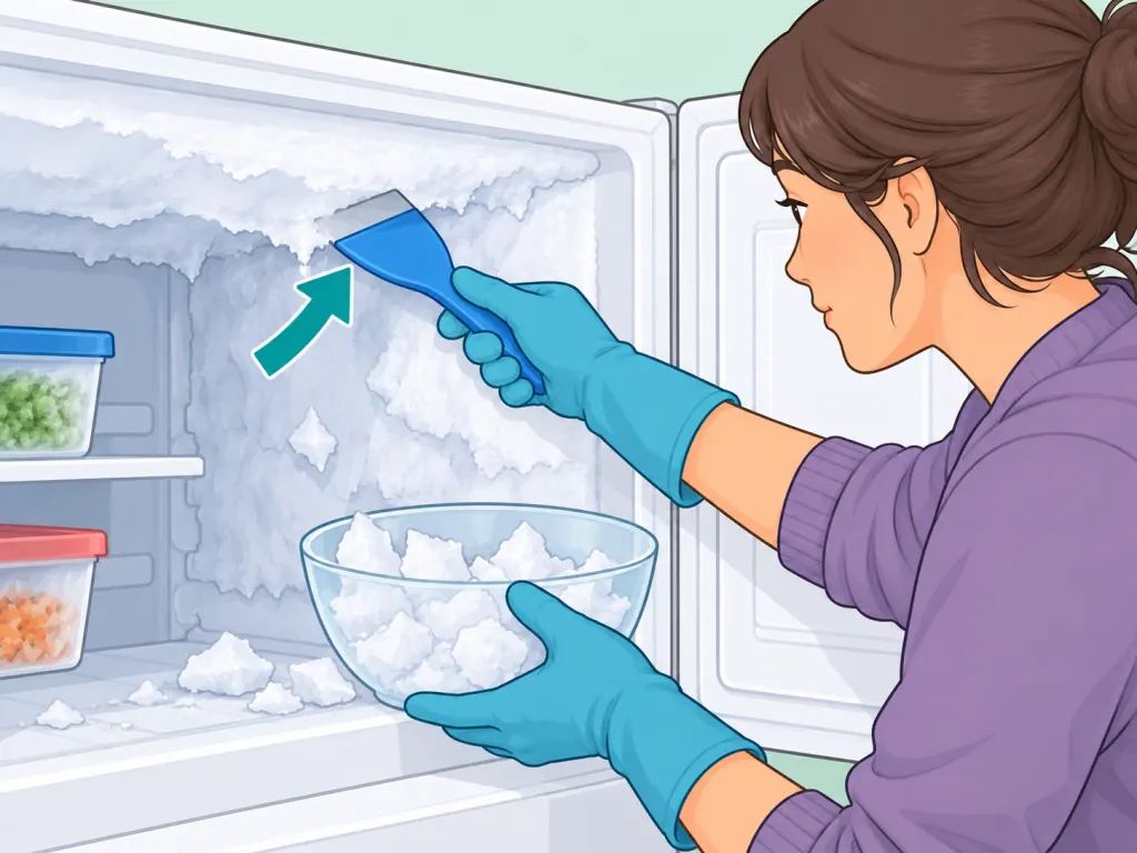 Softened freezer frost being removed with a plastic scraper.