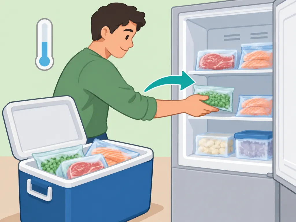 Frozen items being returned to the freezer after defrosting.
