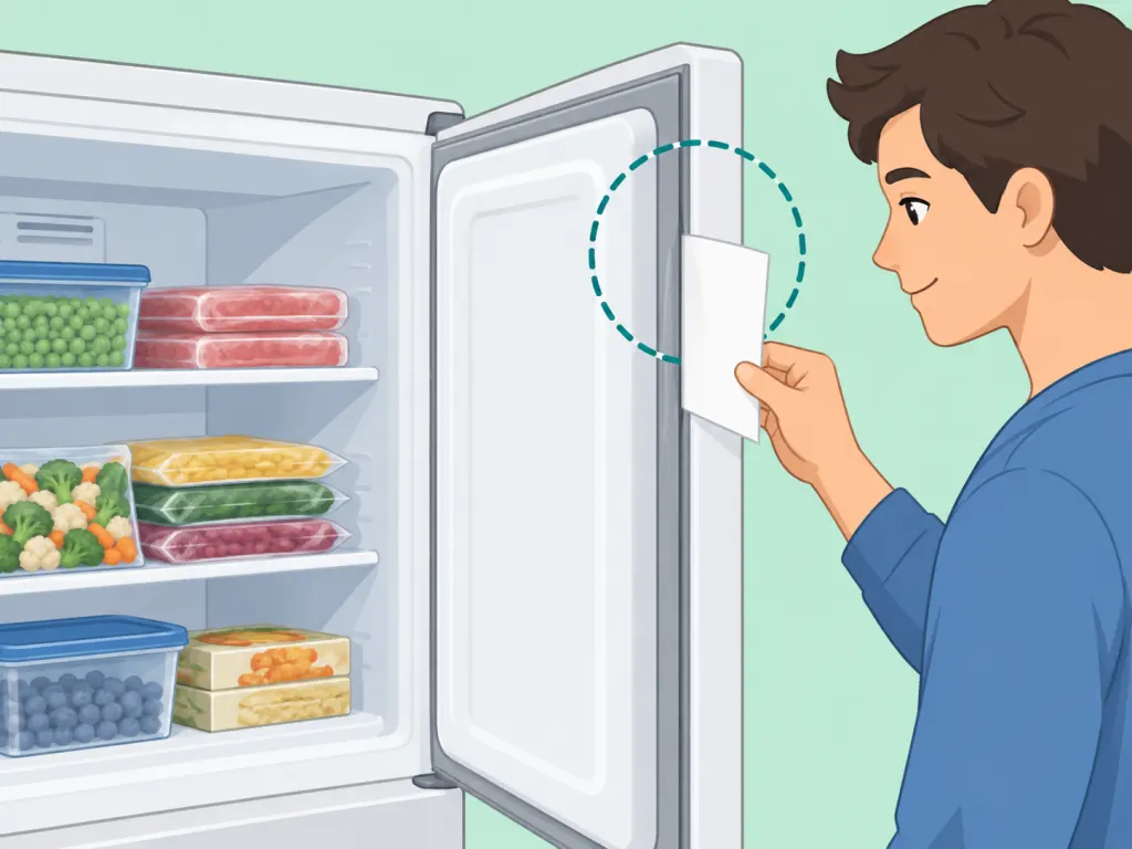 Person checking a freezer door seal to help prevent frost buildup.