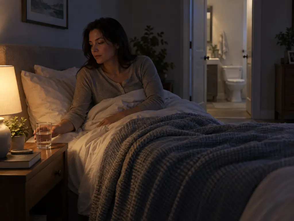 A person awake at night near a bedside glass of water with a bathroom doorway in the background.
