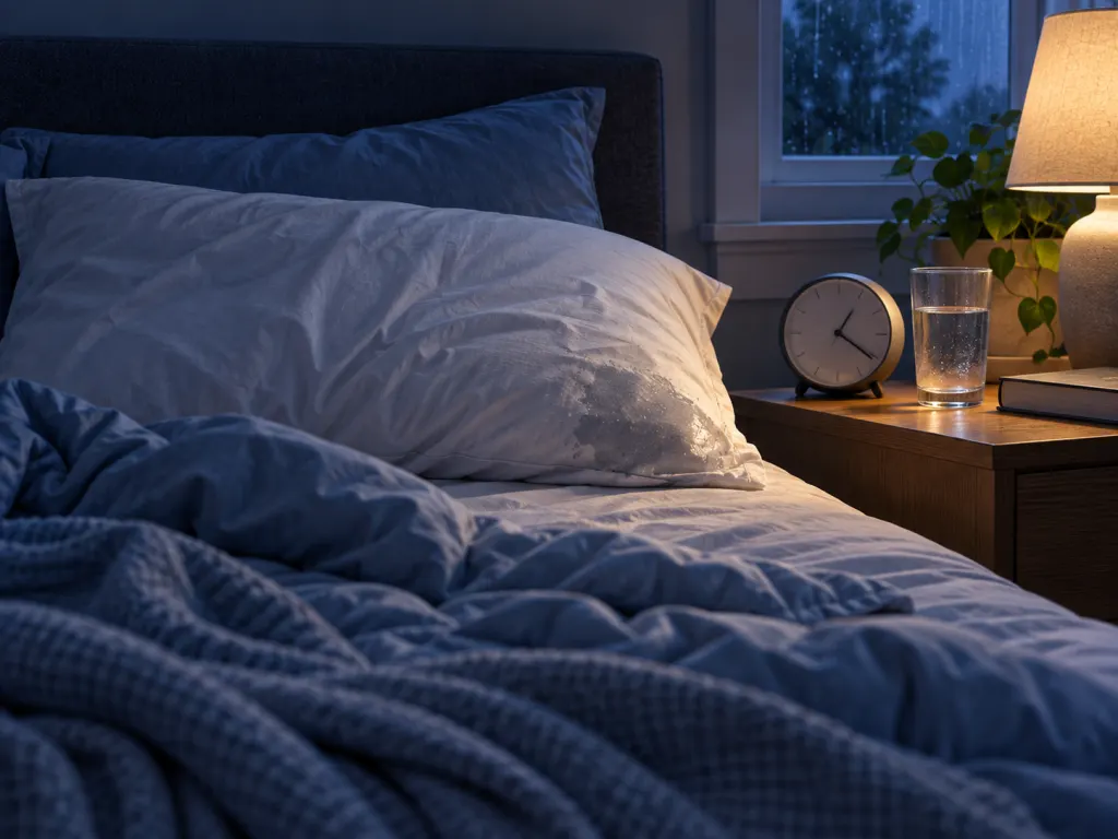 A calm illustration of a disturbed bed at night representing sweating or restless sleep.