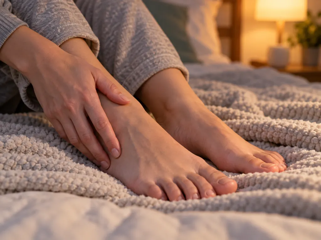 Feet resting on a blanket with a hand touching one foot, suggesting nighttime tingling or discomfort.