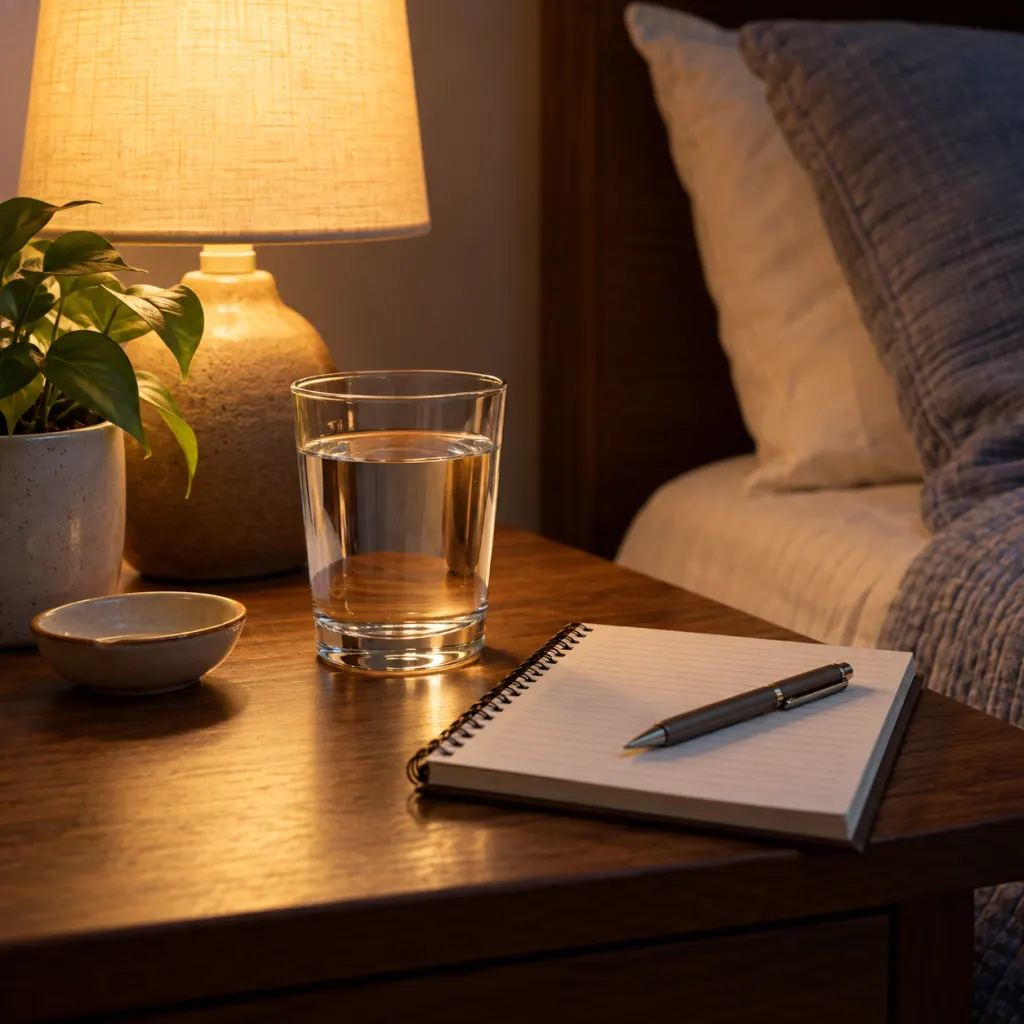A bedside table with water, a lamp, and a notebook suggesting nighttime symptom tracking.