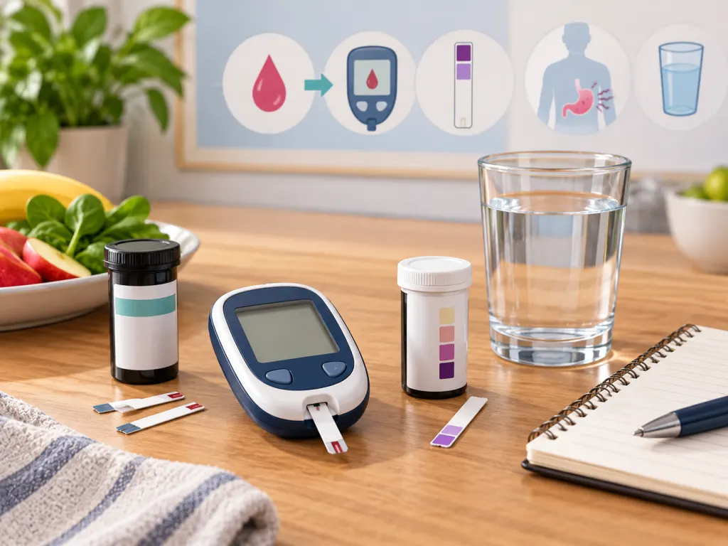 Glucose and ketone checking supplies arranged on a clean table