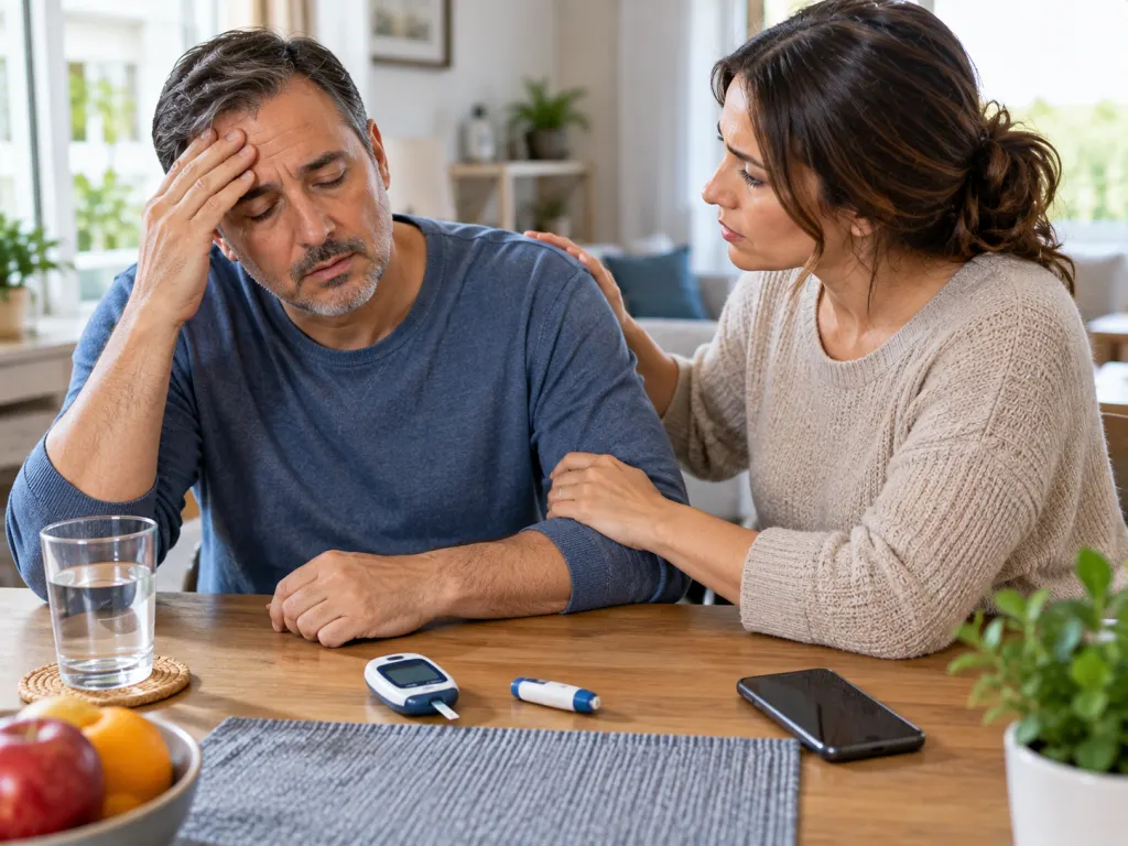 Supportive household scene with glucose meter and phone nearby