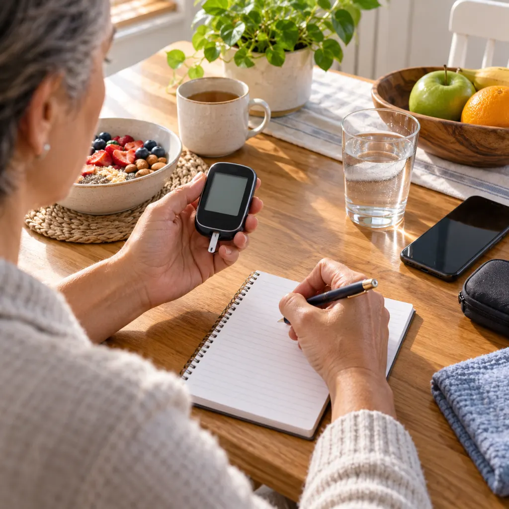 Adult reviewing glucose information and notes at a kitchen table with a phone nearby