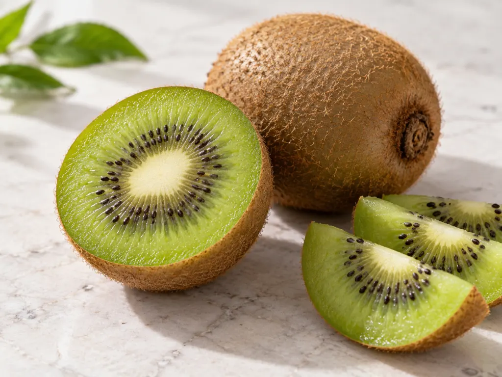 Halved and whole kiwi fruits on a clean surface showing the green flesh and ring of black seeds