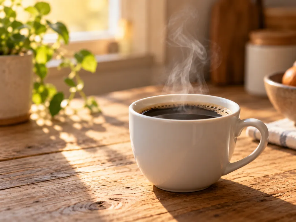 A small cup of black coffee on a wooden table with warm morning light and a gentle wisp of steam