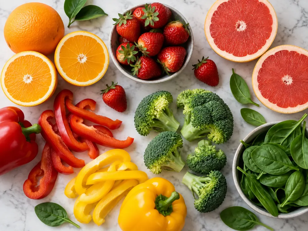Overhead arrangement of vitamin C-rich foods including citrus fruits, bell peppers, strawberries, broccoli, and spinach
