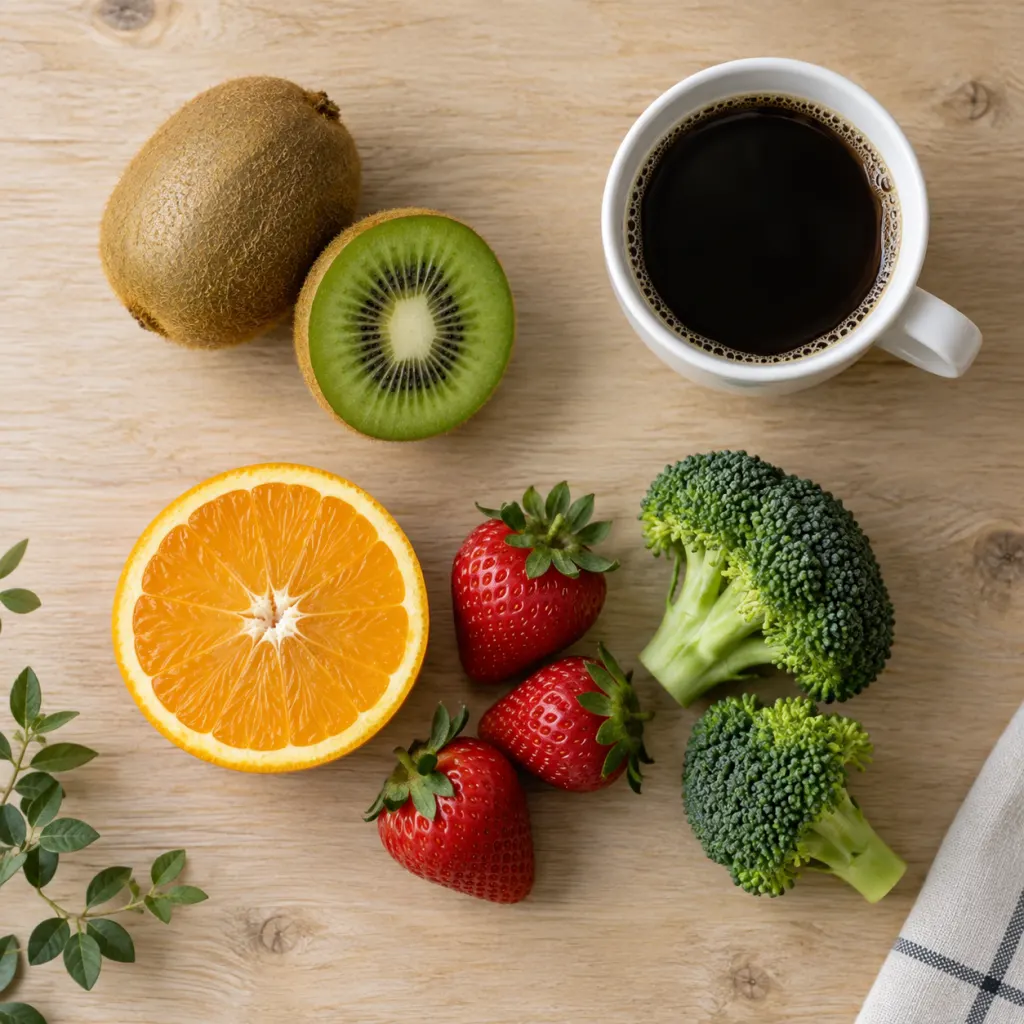 Overhead flat-lay of kiwifruit, a cup of coffee, and vitamin C-rich fruits and vegetables on a wood surface