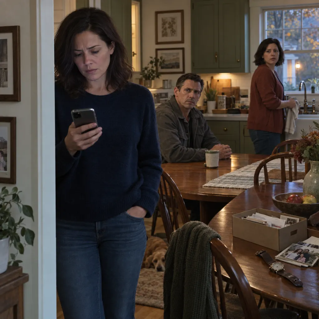 Three siblings react to a troubling message in a quiet Sunday kitchen.