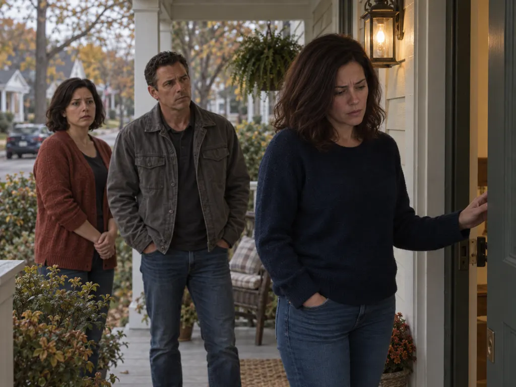 Three siblings arrive at a silent house with the porch light on.