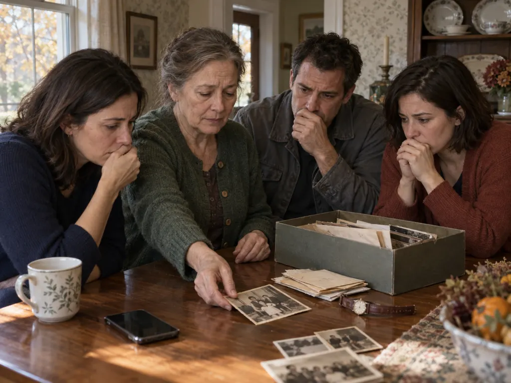 A mother reveals an old photograph at the dining table.