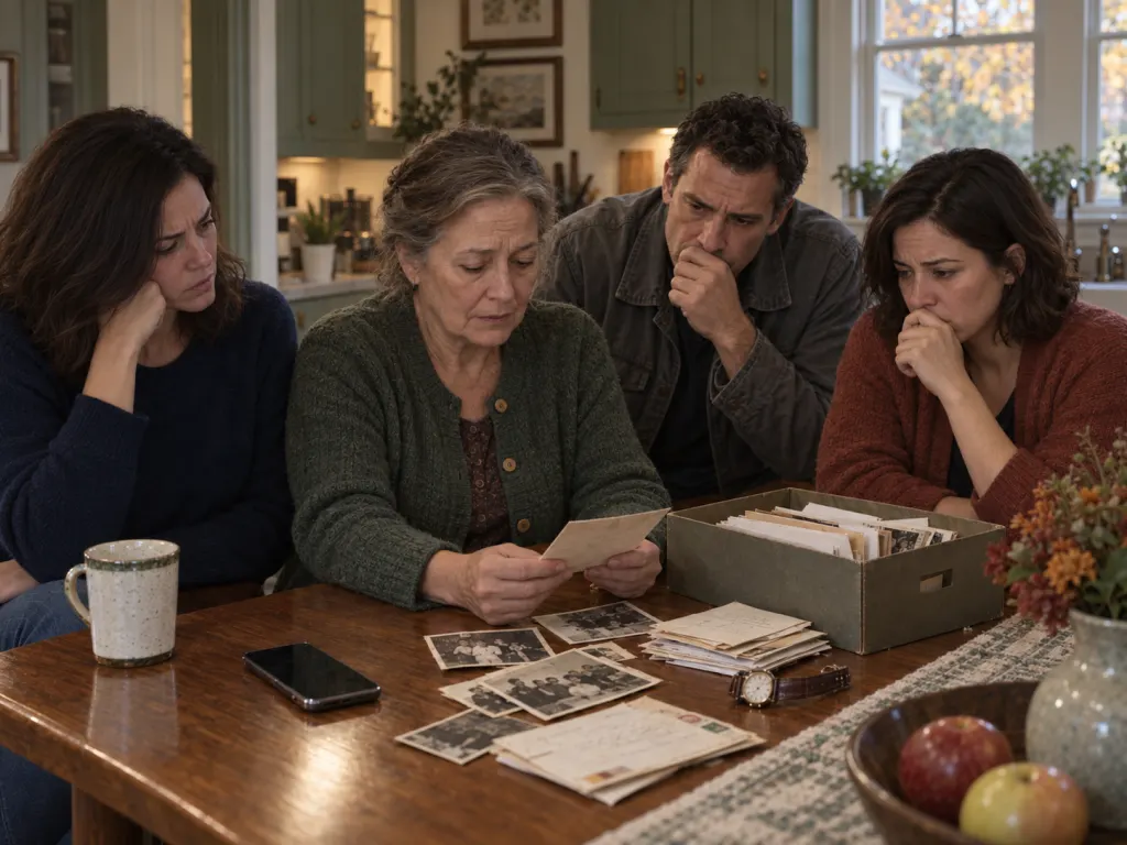A family studies a message beside old envelopes and photographs.