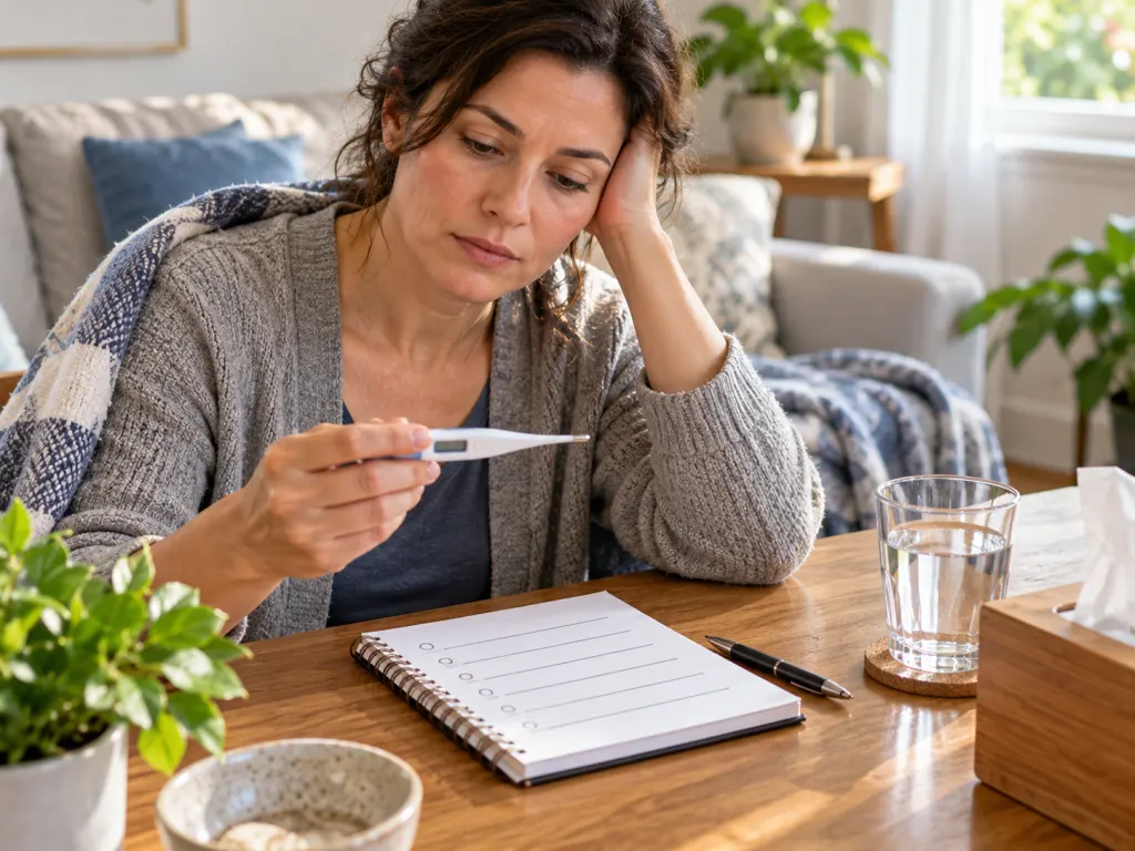A person checks a thermometer beside water and a symptom notebook with no readable text.