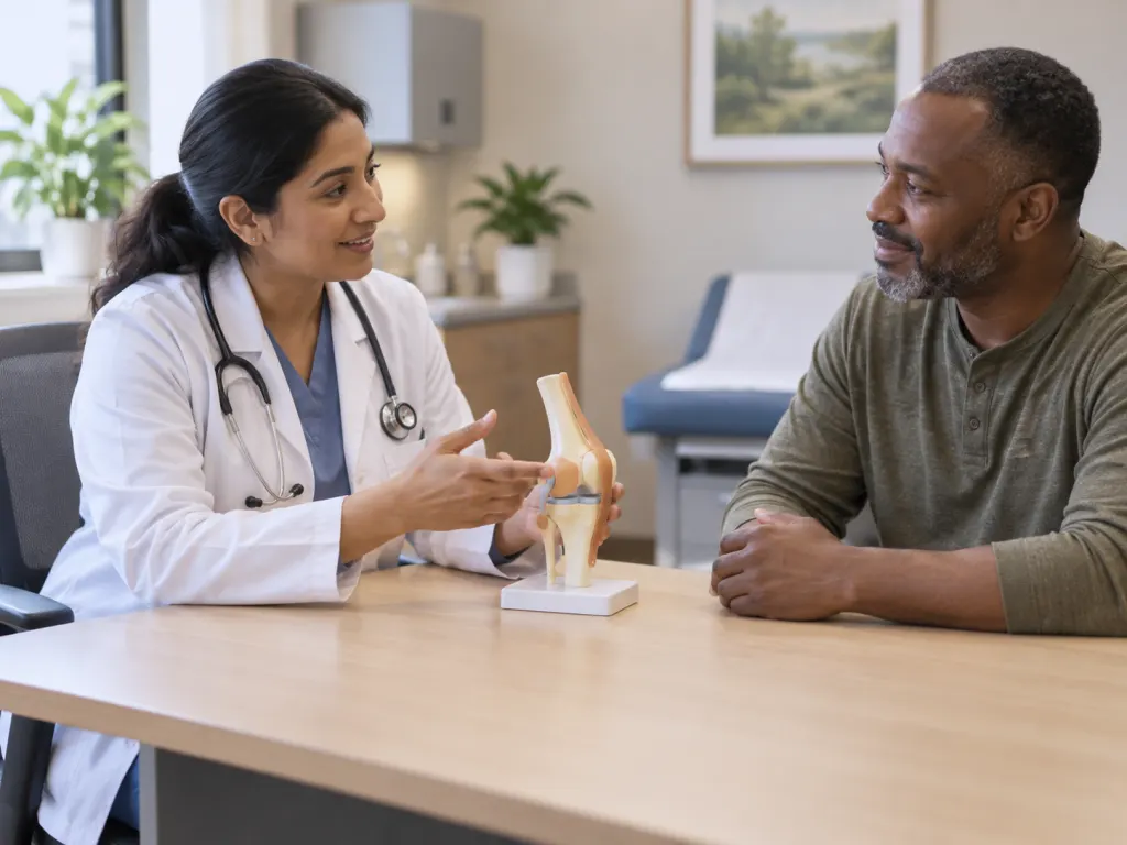 A patient speaks with a healthcare professional in a calm clinic consultation setting.