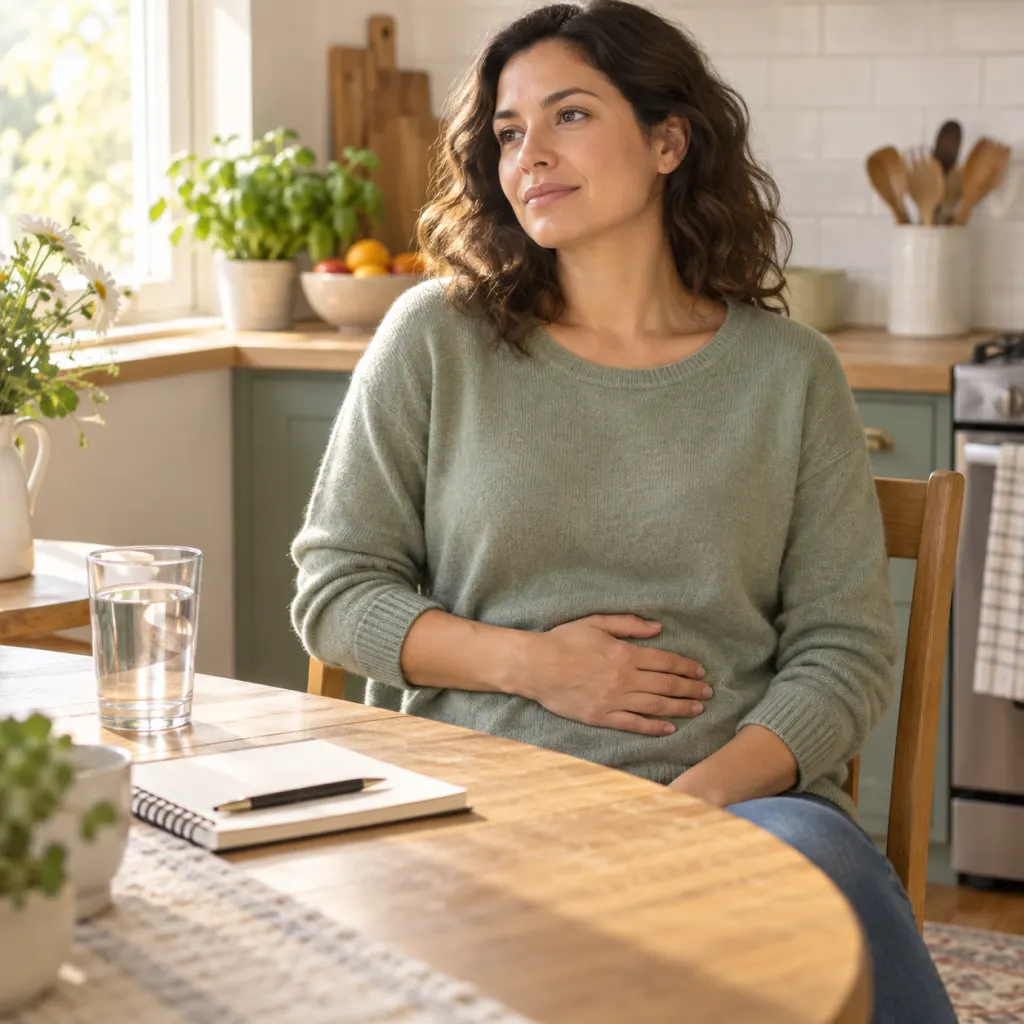 An adult calmly noting abdominal discomfort at a kitchen table with water and a notebook nearby.