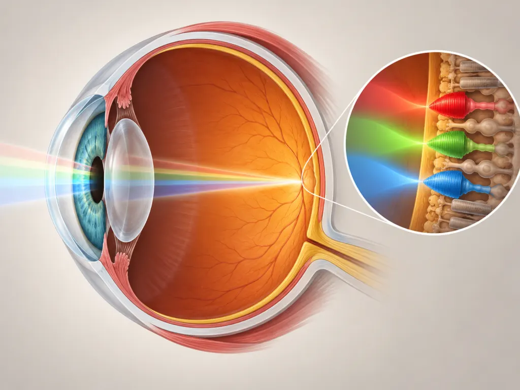 Educational illustration of a human eye cross-section showing how light reaches color-sensing cells in the retina