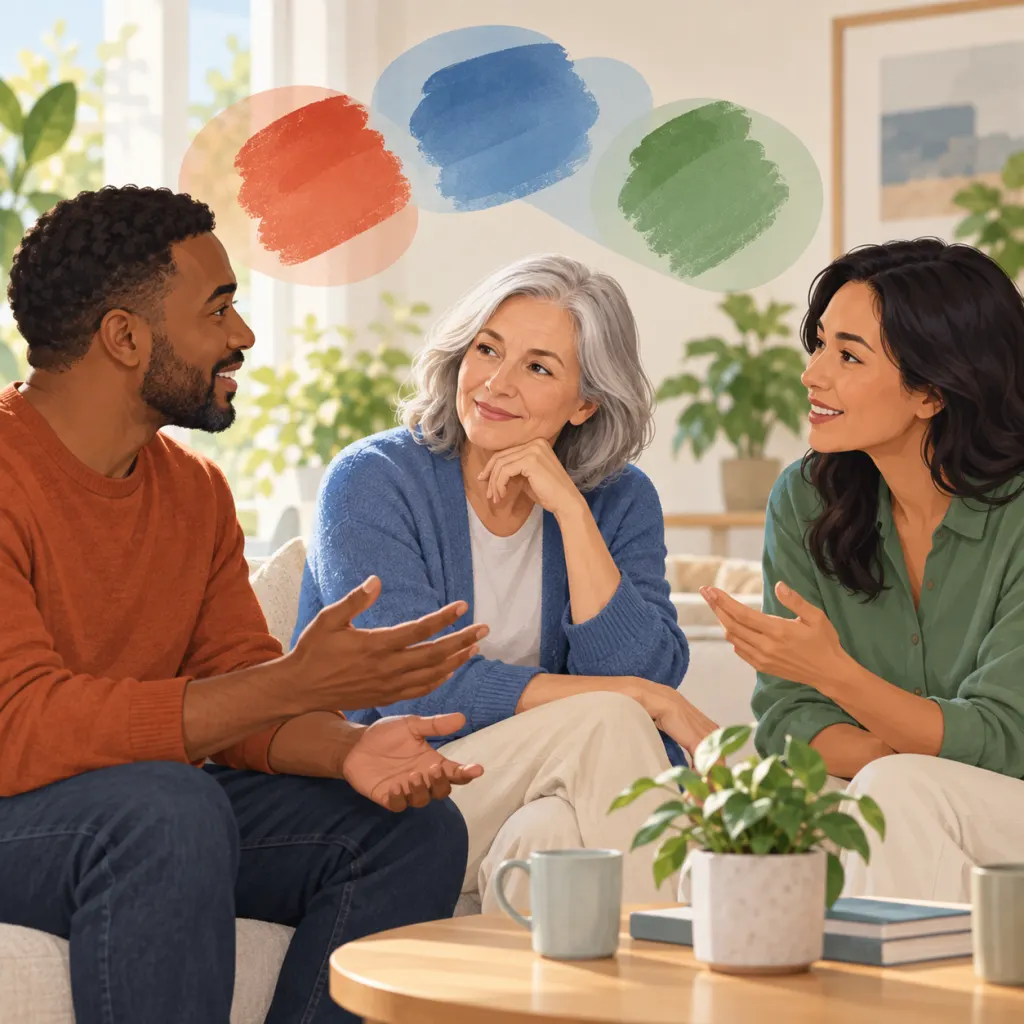 Illustration of three people talking, with soft abstract color swatches floating nearby representing color and perception